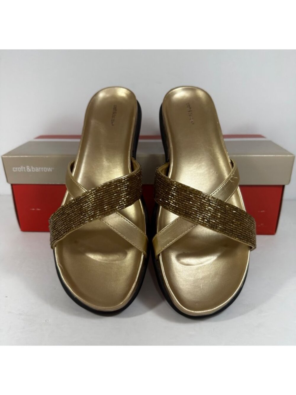 Womens Croft & Barrow Gold Beaded Strappy Slide Sandals  Size 9 M Beach Vacation - Picture 5 of 9